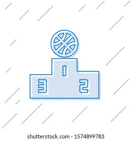 Blue line Basketball over sports winner podium icon isolated on white background.  Vector Illustration