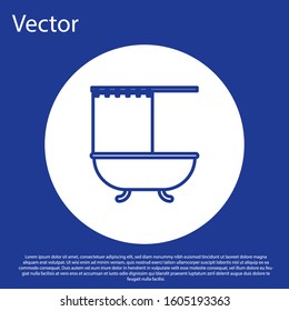 Blue line Bathtub with open shower curtain icon isolated on blue background. White circle button. Vector Illustration