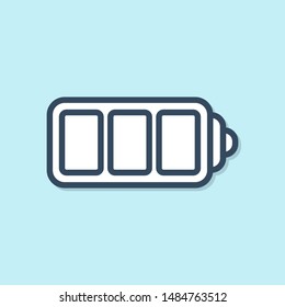 Blue line Battery charge level indicator icon isolated on blue background.  Vector Illustration