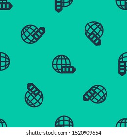 Blue line Battery charge level indicator with earth globe icon isolated seamless pattern on green background. World or Earth sign.  Vector Illustration