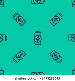 Blue line Battery charge level indicator icon isolated seamless pattern on green background.  Vector