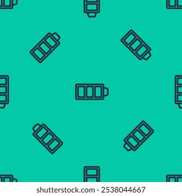 Blue line Battery charge level indicator icon isolated seamless pattern on green background.  Vector