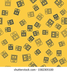 Blue line Battery in pack icon isolated seamless pattern on yellow background. Lightning bolt symbol.  Vector Illustration