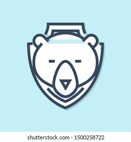 Blue line Bear head on shield icon isolated on blue background. Hunting trophy on wall.  Vector Illustration