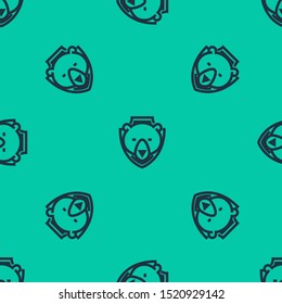 Blue line Bear head on shield icon isolated seamless pattern on green background. Hunting trophy on wall.  Vector Illustration