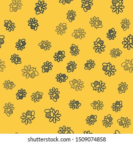 Blue line Bee and flower icon isolated seamless pattern on yellow background. Sweet natural food. Honeybee or apis with wings symbol. Flying insect.  Vector Illustration