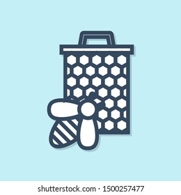 Blue line Bee and honeycomb icon isolated on blue background. Honey cells. Sweet natural food. Honeybee or apis with wings symbol. Flying insect.  Vector Illustration