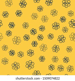 Blue line Bee and honeycomb icon isolated seamless pattern on yellow background. Honey cells. Honeybee or apis with wings symbol. Flying insect. Sweet natural food.  Vector Illustration