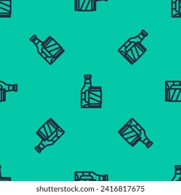 Blue line Beer bottle and beer can icon isolated seamless pattern on green background.  Vector