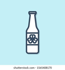 Blue line Beer bottle with four leaf clover icon isolated on blue background. Happy Saint Patricks day.  Vector Illustration