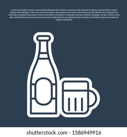 Blue line Beer bottle and glass icon isolated on blue background. Alcohol Drink symbol.  Vector Illustration