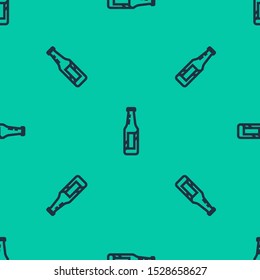 Blue line Beer bottle icon isolated seamless pattern on green background.  Vector Illustration