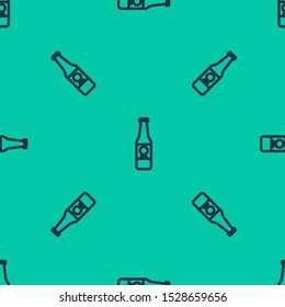 Blue line Beer bottle icon isolated seamless pattern on green background.  Vector Illustration