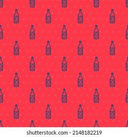 Blue line Beer bottle icon isolated seamless pattern on red background.  Vector Illustration