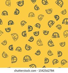 Blue line Beer bottle and wooden barrel icon isolated seamless pattern on yellow background.  Vector Illustration