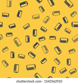 Blue line Beer can icon isolated seamless pattern on yellow background.  Vector Illustration