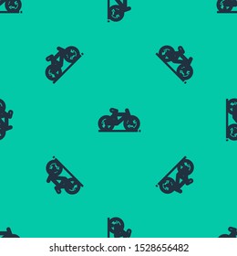 Blue line Bicycle icon isolated seamless pattern on green background. Bike race. Extreme sport. Sport equipment.  Vector Illustration