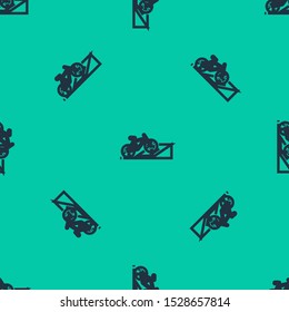 Blue line Bicycle on street ramp icon isolated seamless pattern on green background. Skate park. Extreme sport. Sport equipment.  Vector Illustration