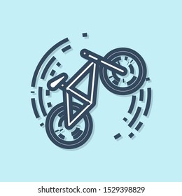 Blue line Bicycle trick icon isolated on blue background. Bike race. Extreme sport. Sport equipment.  Vector Illustration