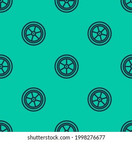 Blue line Bicycle wheel icon isolated seamless pattern on green background. Bike race. Extreme sport. Sport equipment.  Vector
