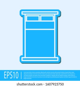 Blue line Big bed for two or one person icon isolated on grey background.  Vector Illustration