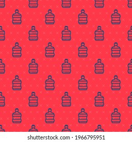 Blue line Big bottle with clean water icon isolated seamless pattern on red background. Plastic container for the cooler.  Vector Illustration