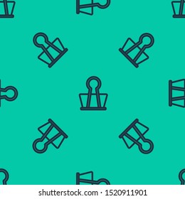 Blue line Binder clip icon isolated seamless pattern on green background. Paper clip.  Vector Illustration