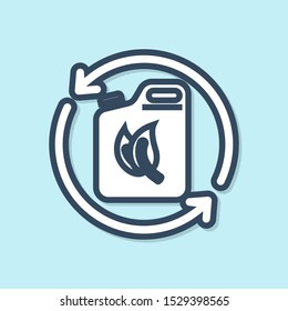 Blue line Bio fuel canister icon isolated on blue background. Eco bio and barrel. Green environment and recycle.  Vector Illustration
