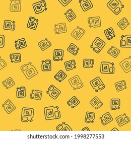 Blue line Bio fuel canister icon isolated seamless pattern on yellow background. Eco bio and barrel. Green environment and recycle.  Vector