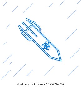 Blue line Biohazard rocket icon isolated on white background. Rocket bomb flies down.  Vector Illustration