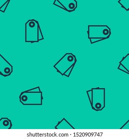 Blue line Blank label template price tag icon isolated seamless pattern on green background. Empty shopping discount sticker. Template discount banner.  Vector Illustration