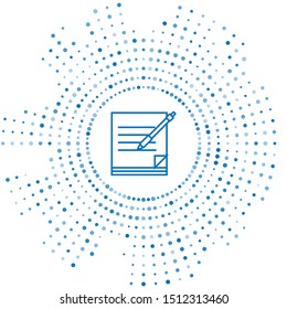 Blue line Blank notebook and pen icon isolated on white background. Paper and pen. Abstract circle random dots. Vector Illustration