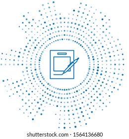 Blue line Blank notebook and pen icon isolated on white background. Paper and pen. Abstract circle random dots. Vector Illustration