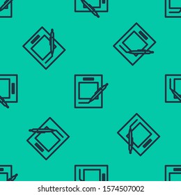 Blue line Blank notebook and pen icon isolated seamless pattern on green background. Paper and pen.  Vector Illustration