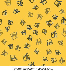 Blue line Blank notebook and pencil with eraser icon isolated seamless pattern on yellow background. Paper and pencil.  Vector Illustration