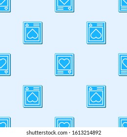 Blue line Blanks photo frames and hearts icon isolated seamless pattern on grey background. Valentines Day symbol.  Vector Illustration