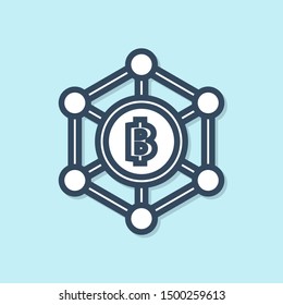 Blue line Blockchain technology Bitcoin icon isolated on blue background. Abstract geometric block chain network technology business.  Vector Illustration