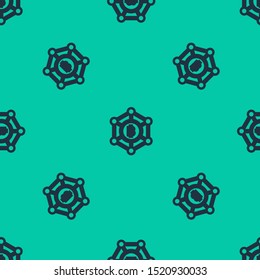 Blue line Blockchain technology Bitcoin icon isolated seamless pattern on green background. Abstract geometric block chain network technology business.  Vector Illustration