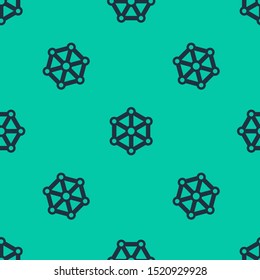 Blue line Blockchain technology icon isolated seamless pattern on green background. Cryptocurrency data. Abstract geometric block chain network technology business.  Vector Illustration