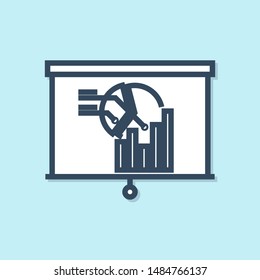Blue line Board with graph chart icon isolated on blue background. Report text file icon. Accounting sign. Audit, analysis, planning.  Vector Illustration