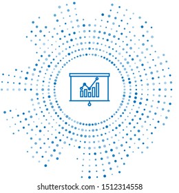 Blue line Board with graph chart icon isolated on white background. Report text file icon. Accounting sign. Audit, analysis, planning. Abstract circle random dots. Vector Illustration