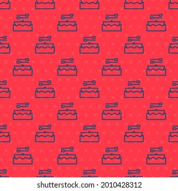 Blue line Boat with oars icon isolated seamless pattern on red background. Water sports, extreme sports, holiday, vacation, team building.  Vector