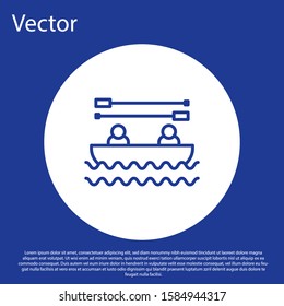 Blue line Boat with oars and people icon isolated on blue background. Water sports, extreme sports, holiday, vacation, team building. White circle button. Vector Illustration