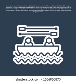 Blue line Boat with oars and people icon isolated on blue background. Water sports, extreme sports, holiday, vacation, team building.  Vector Illustration