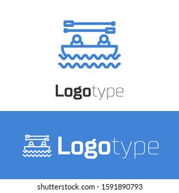 Blue line Boat with oars and people icon isolated on white background. Water sports, extreme sports, holiday, vacation, team building. Logo design template element. Vector Illustration