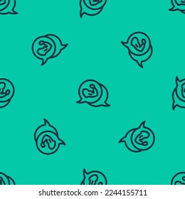 Blue line Bodybuilder showing his muscles icon isolated seamless pattern on green background. Fit fitness strength health hobby concept.  Vector