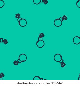 Blue line Bomb ready to explode icon isolated seamless pattern on green background.  Vector Illustration