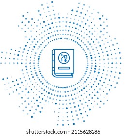 Blue line Book by astronomy icon isolated on white background. Abstract circle random dots. Vector Illustration