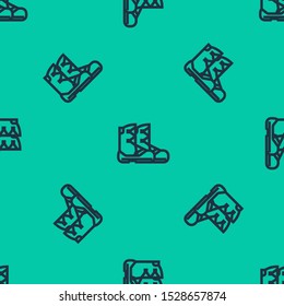 Blue line Boots icon isolated seamless pattern on green background.  Vector Illustration