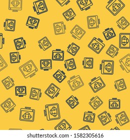 Blue line Bot icon isolated seamless pattern on yellow background. Computer monitor and robot icon.  Vector Illustration